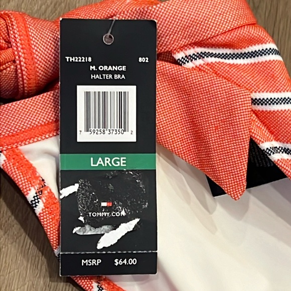 NWT Tommy Hilfiger Anywhere Halter Bikini Top Striped Orange/Navy/White - Picture 3 of 14